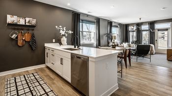Living room and kitchen with wood flooring